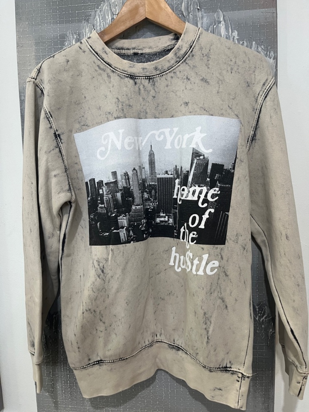 Fashion Nova Distressed Beige Crewneck Sweatshirt with NY Skyline Graphic